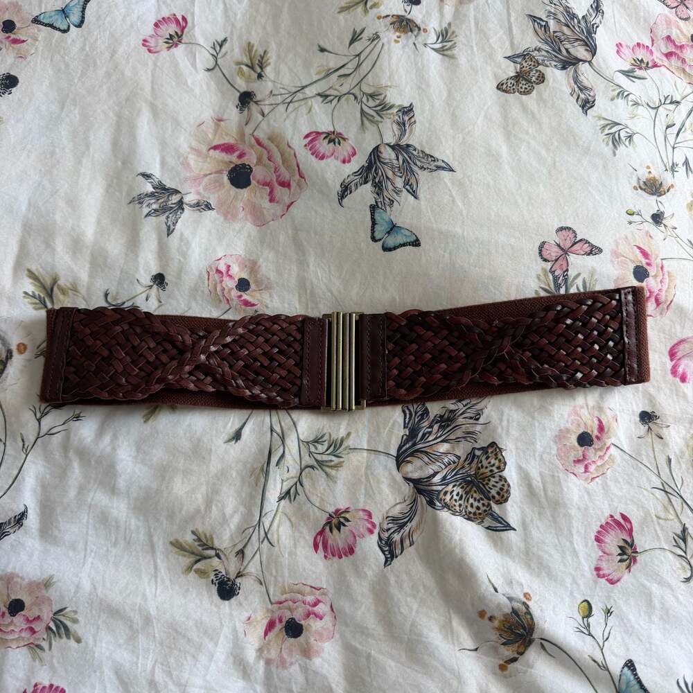 Vintage Brown Braided Leather Stretch Elastic Cinch Waist Belt